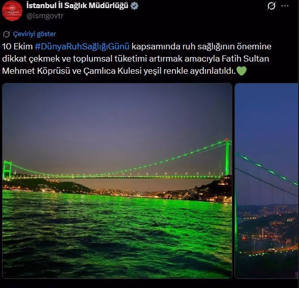 Fatih Sultan Mehmet Köprüsü ve Çamlıca Kulesi yeşil ışıklar ile aydınlatıldı